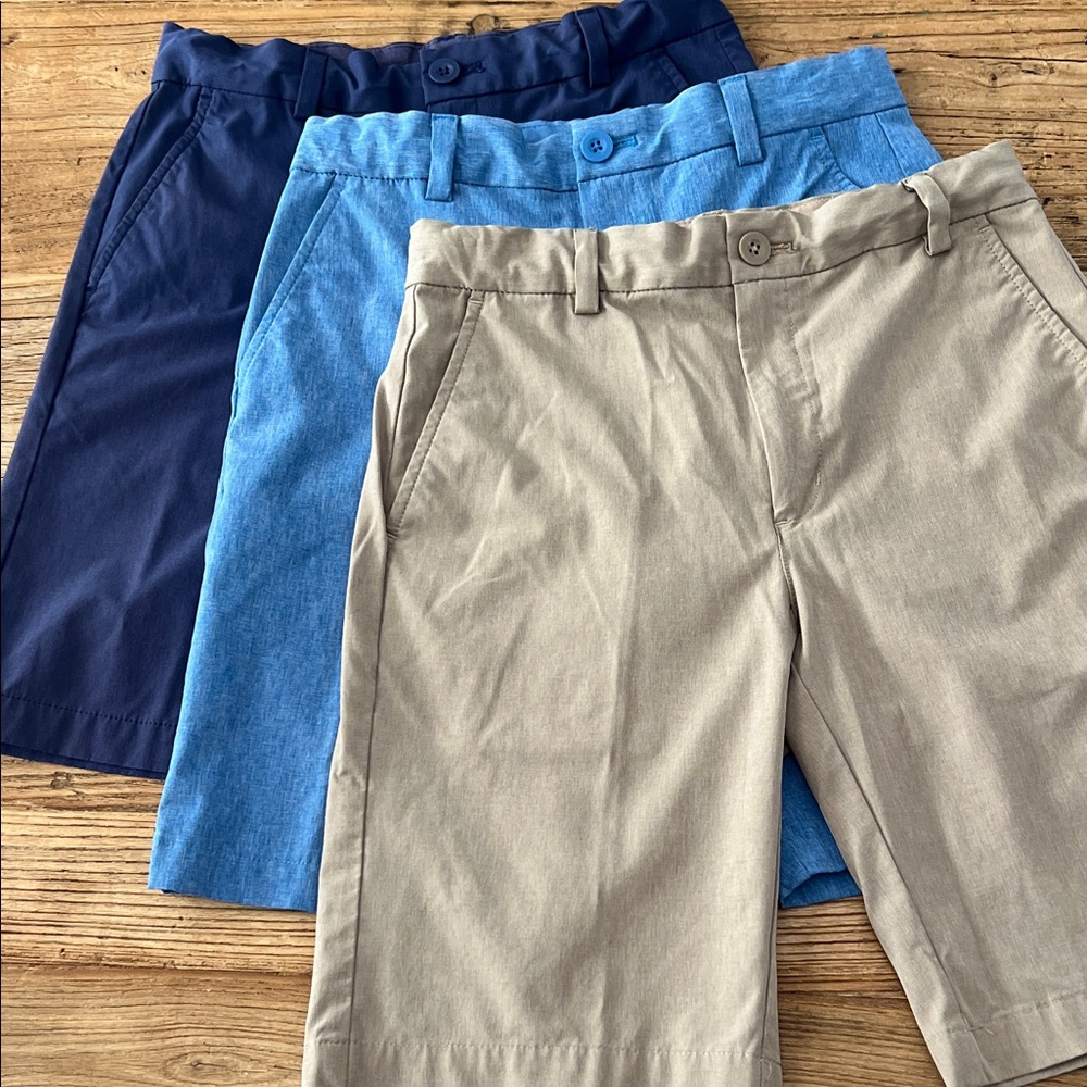 Vineyard Vines Boys Performance Shorts - Navy, Light Blue, Tan. 3 pairs